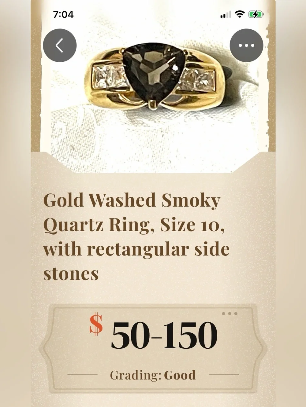 Gold Washed Smoky Quartz Ring sz 10 cat. R601